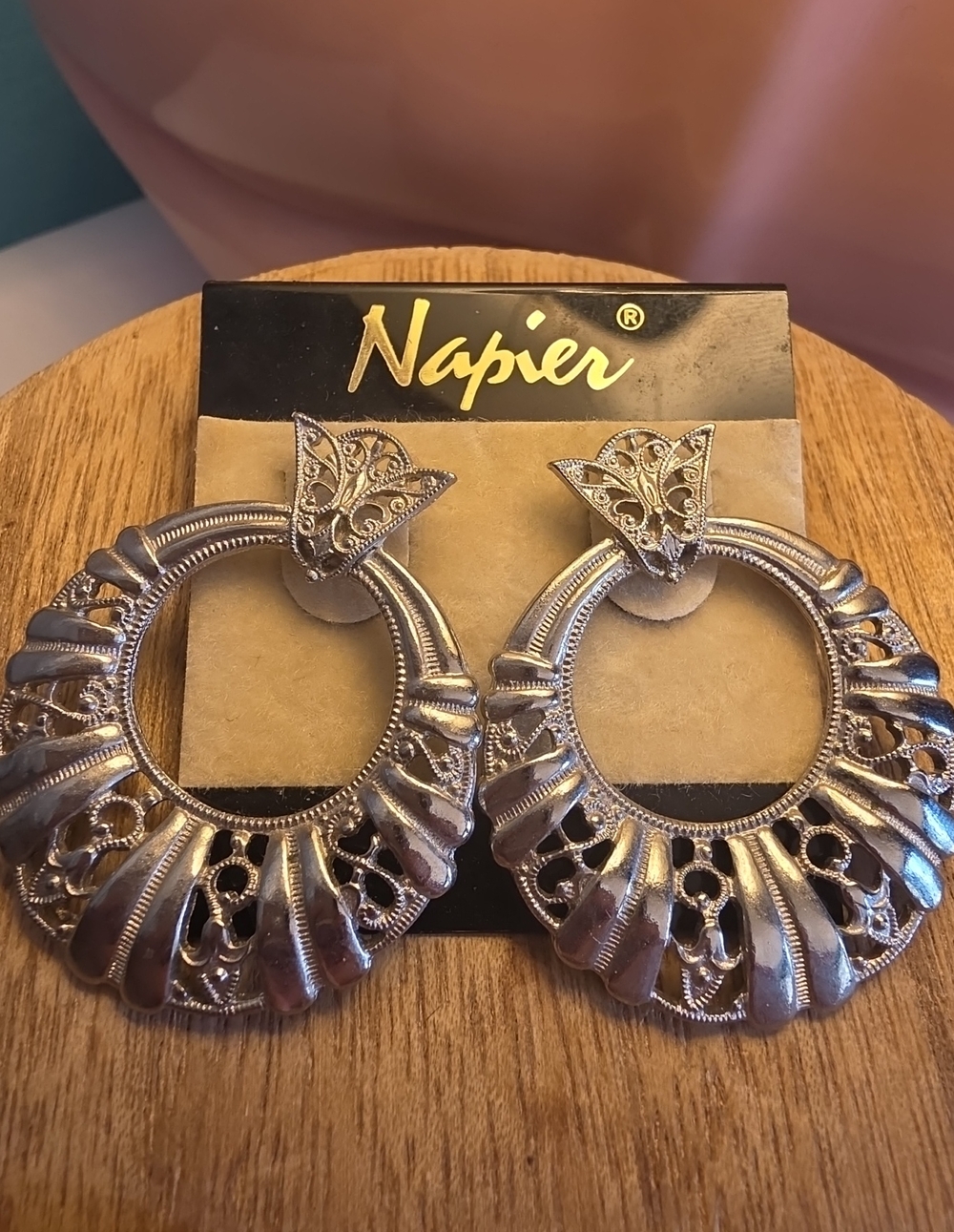 Napier Silver-Tone Ornate Filigree Hoop Earrings